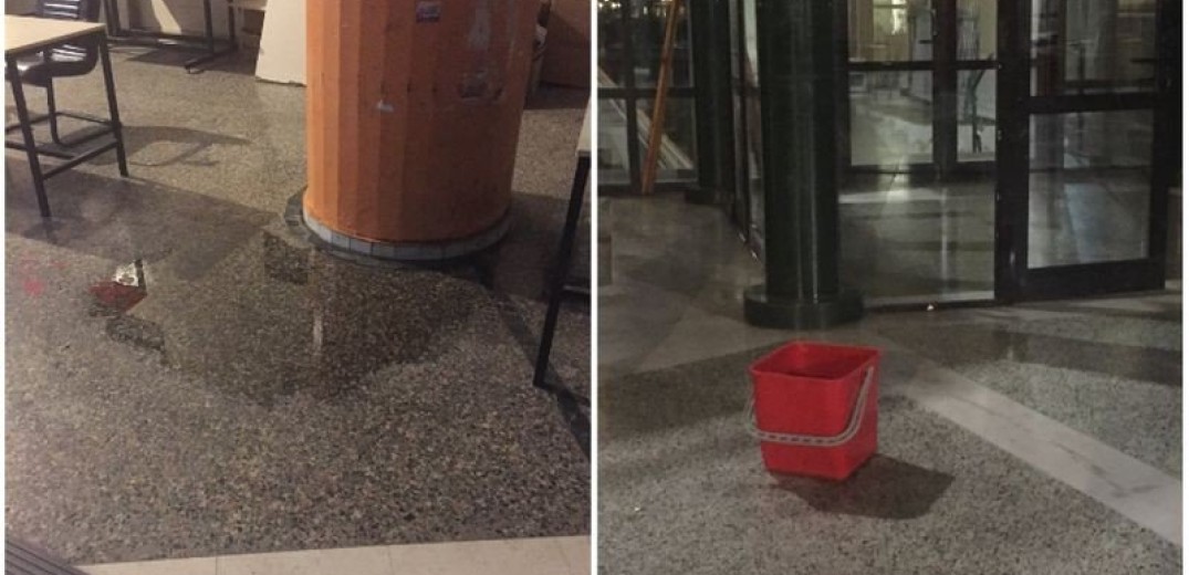  Εικόνες ντροπής στο Πανεπιστήμιο Θεσσαλίας: Βάζουν κουβάδες για να μαζεύουν τα νερά που τρέχουν από την οροφή